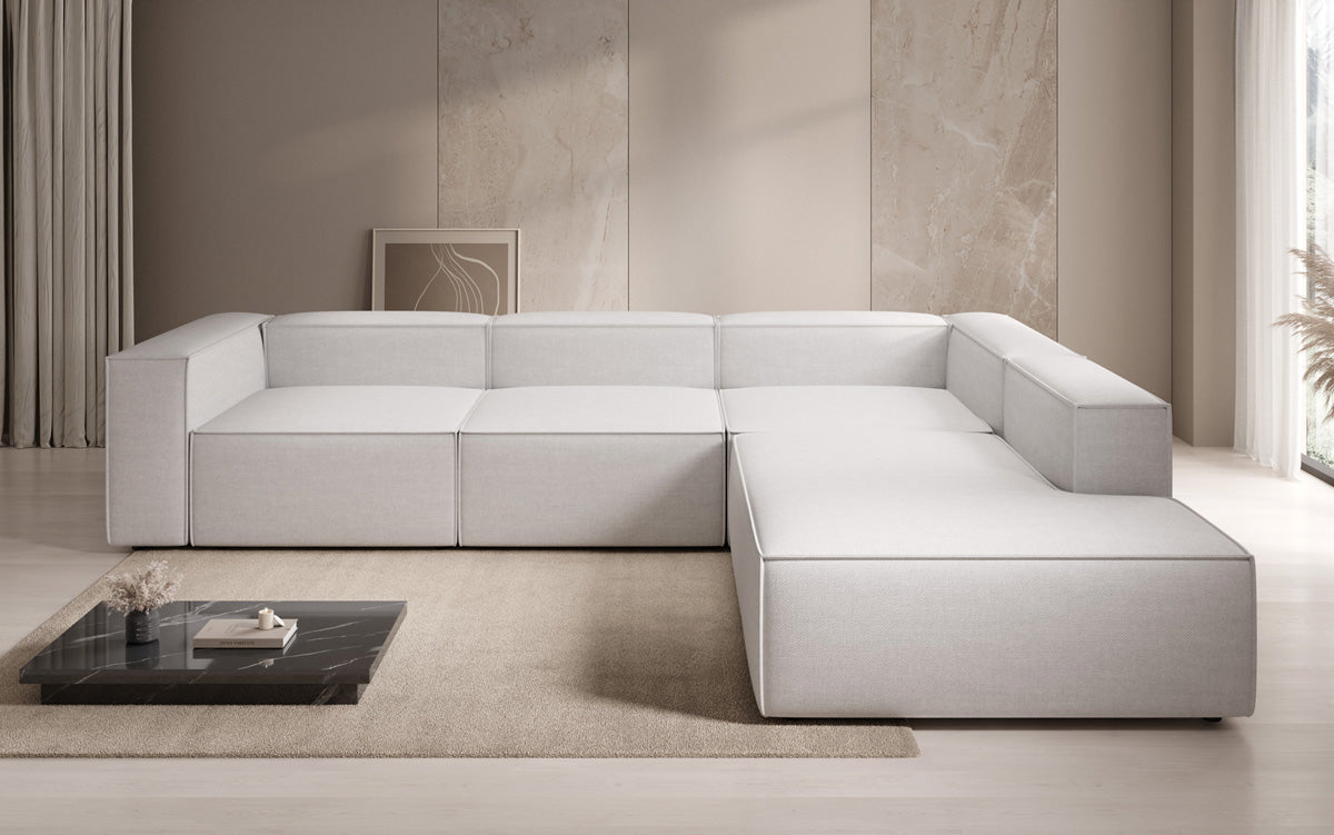 Designer Ecksofa Lesley mit langer Ottomane in Leinen-Optik