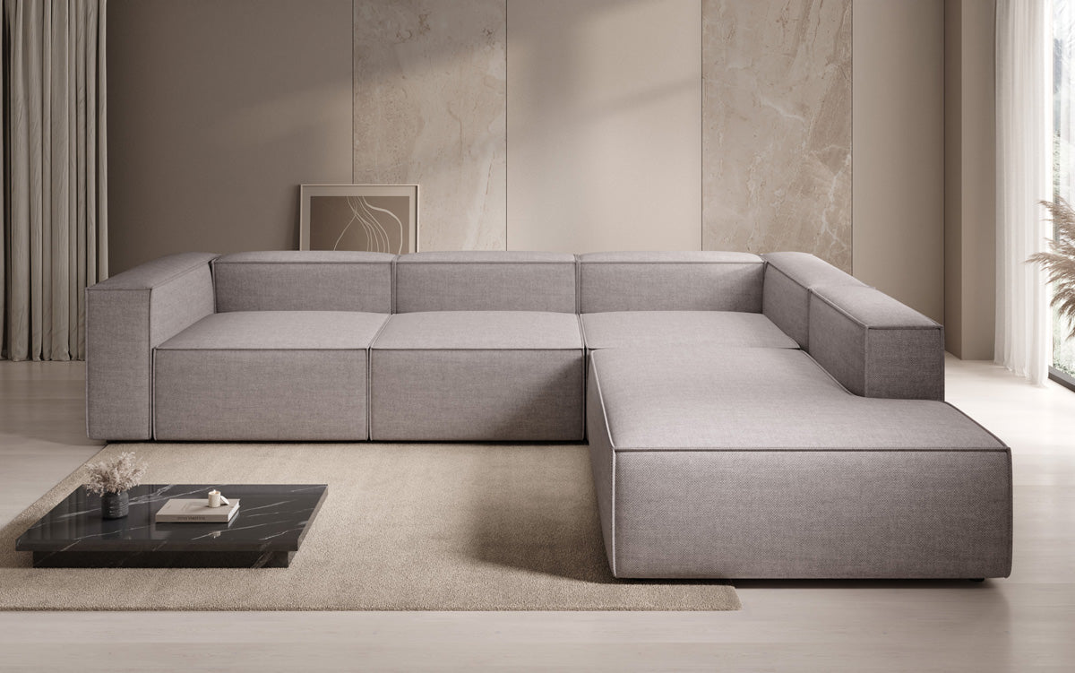 Designer Ecksofa Lesley mit langer Ottomane in Leinen-Optik