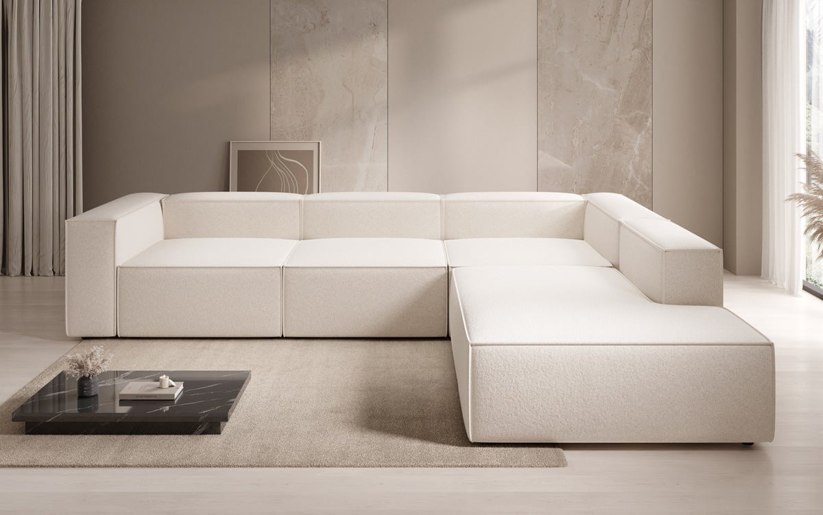 Designer Sofa Lesley L mit langer Ottomane in Strukturstoff