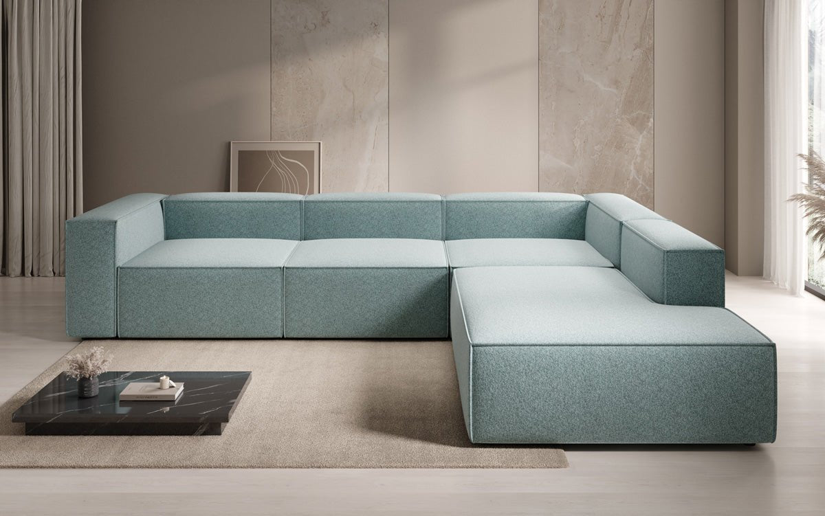 Designer Sofa Lesley L mit langer Ottomane in Strukturstoff