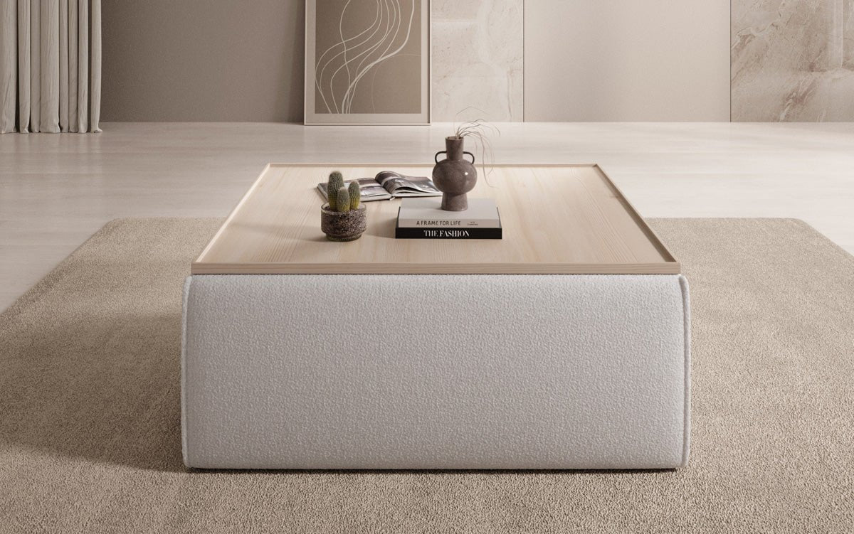 Lesley side stool/coffee table with storage in Bouclé