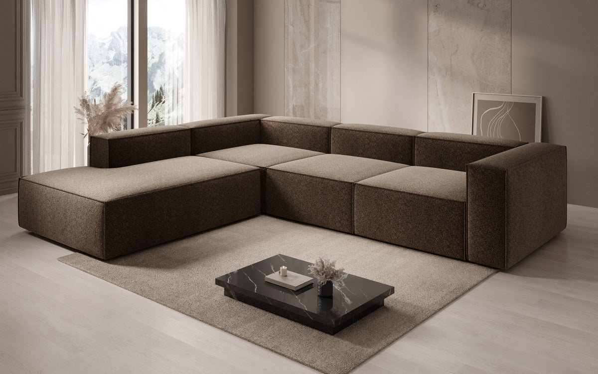 Designer Sofa Lesley L mit langer Ottomane in Strukturstoff