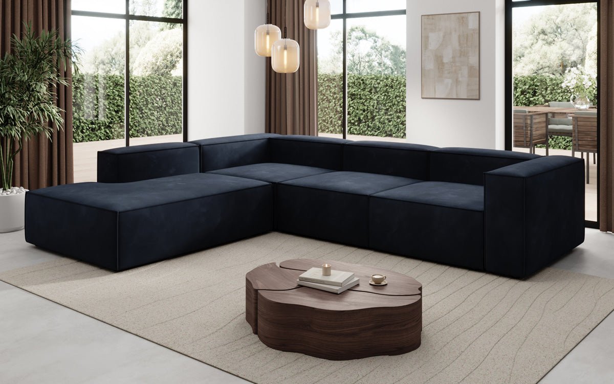 Designer Sofa Lesley L mit langer Ottomane in Samt