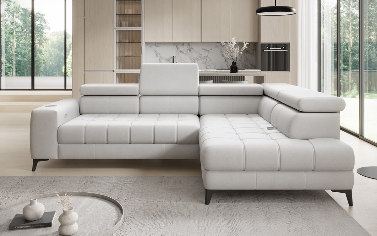 Designer L Sofa Seluna mit elektrischer Schlaffunktion, Induktion und Stauraum in Echtleder