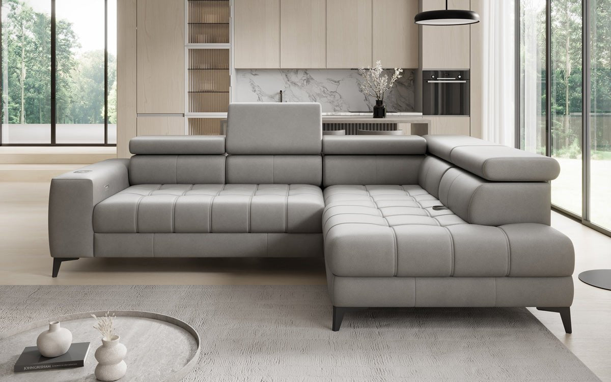 Designer L Sofa Seluna mit elektrischer Schlaffunktion, Induktion und Stauraum in Echtleder