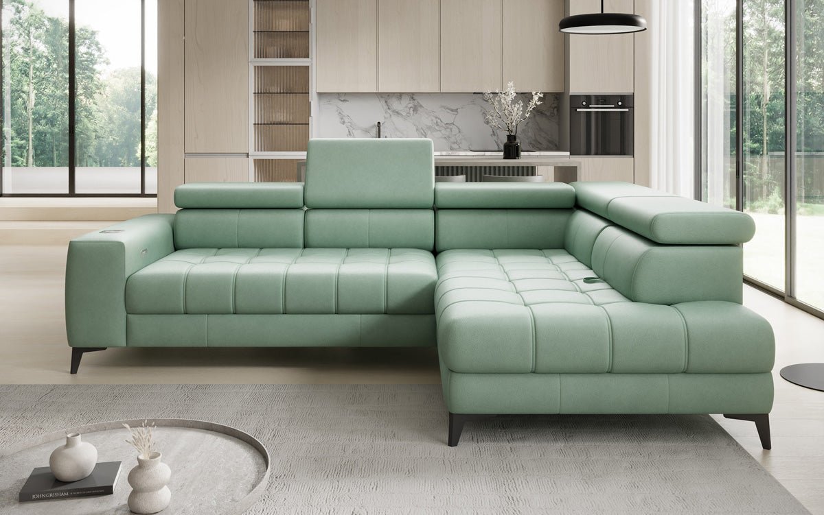 Designer L Sofa Seluna mit elektrischer Schlaffunktion, Induktion und Stauraum in Echtleder