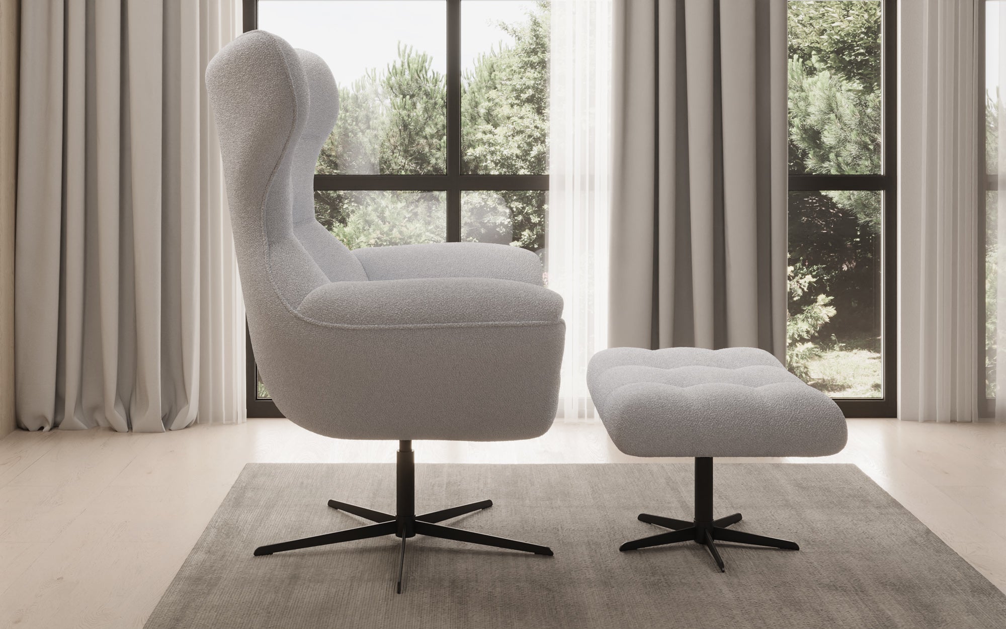 Designer Sofa-Sessel Aurelio inkl. Beistellhocker in Bouclé