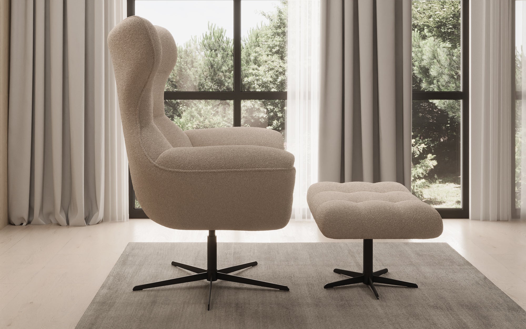 Designer Sofa-Sessel Aurelio inkl. Beistellhocker in Bouclé