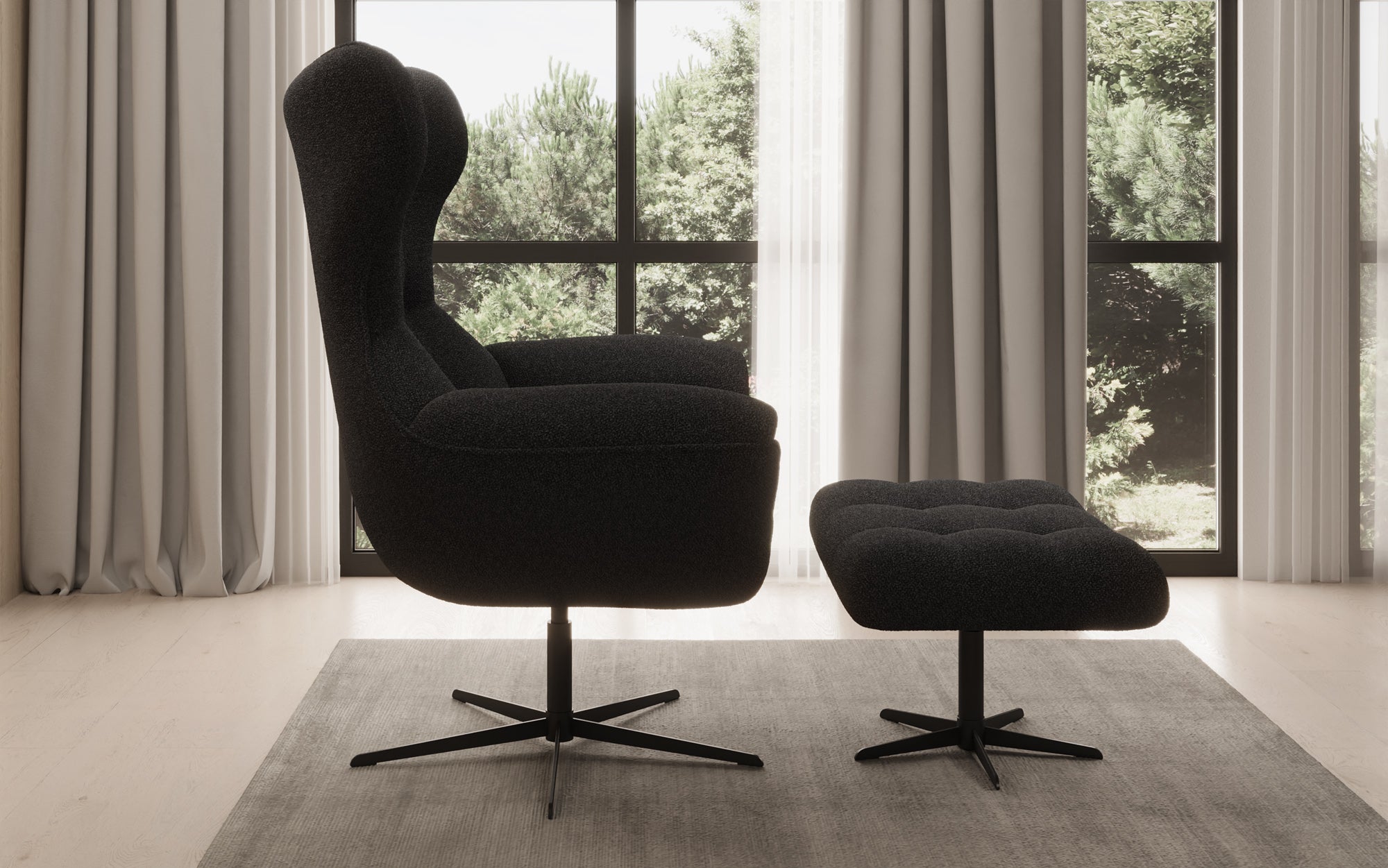 Designer Sofa-Sessel Aurelio inkl. Beistellhocker in Bouclé