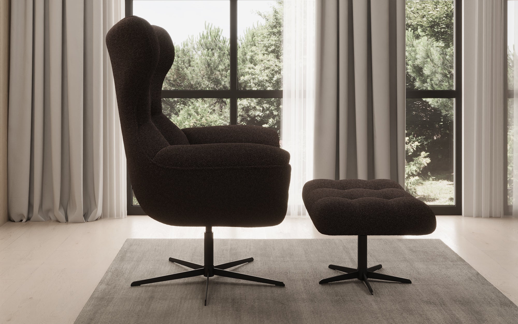 Designer Sofa-Sessel Aurelio inkl. Beistellhocker in Bouclé