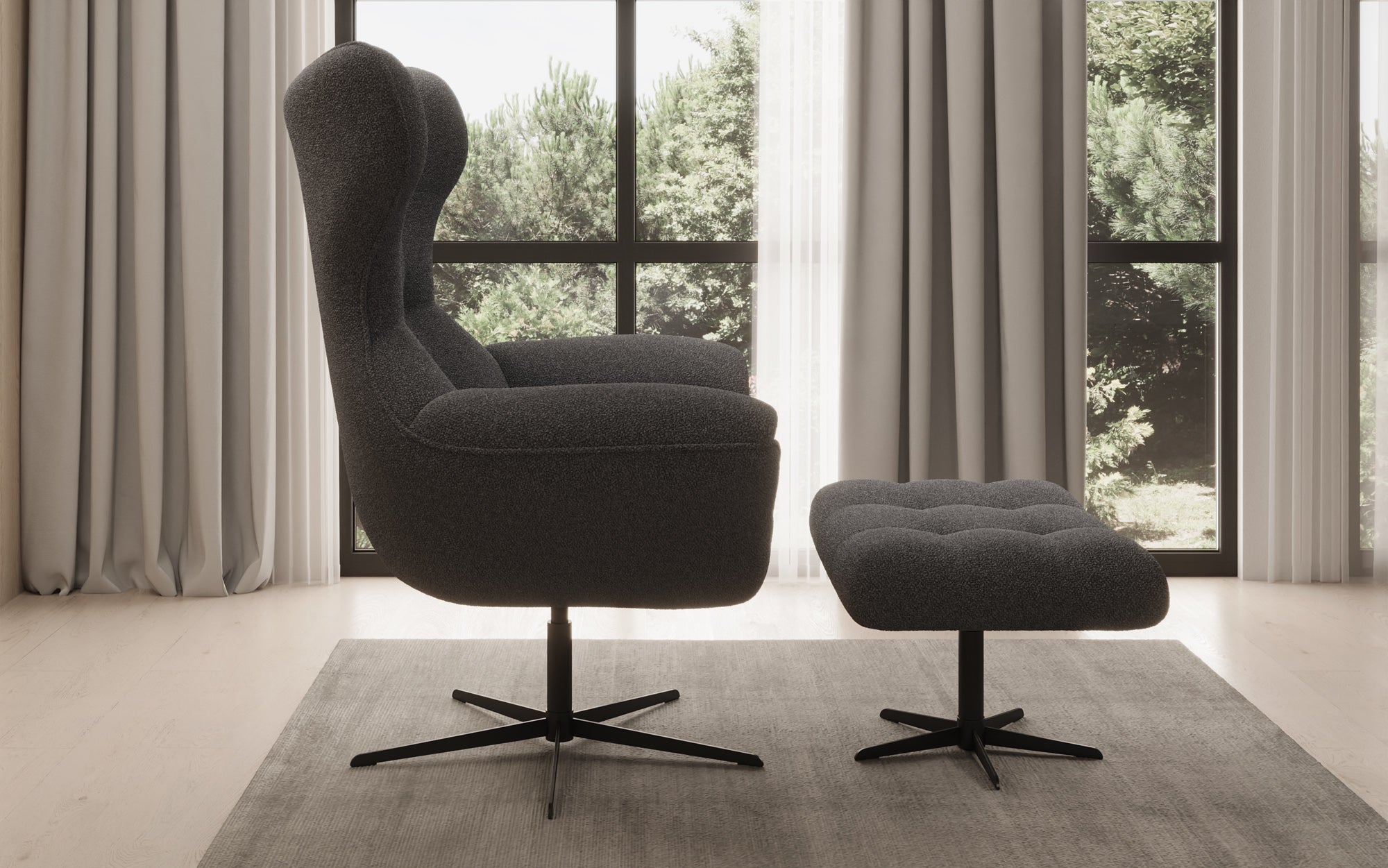 Designer Sofa-Sessel Aurelio inkl. Beistellhocker in Bouclé