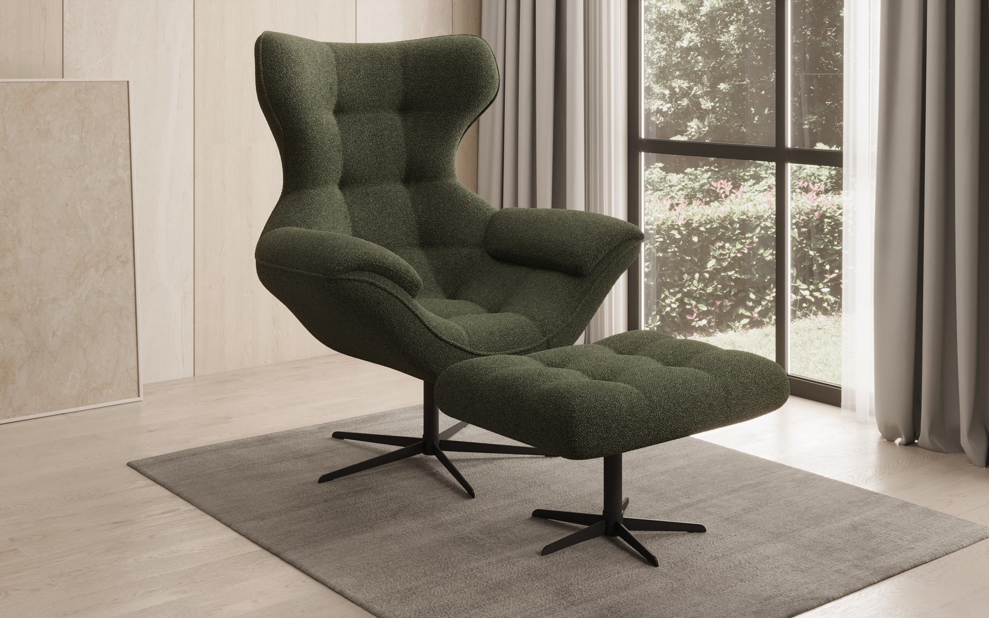 Designer Sofa-Sessel Aurelio inkl. Beistellhocker in Bouclé