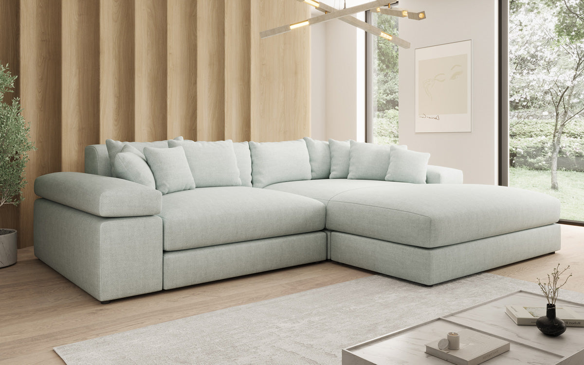 Designer Ecksofa Bernardo mit breiter Ottomane in Leinen-Optik