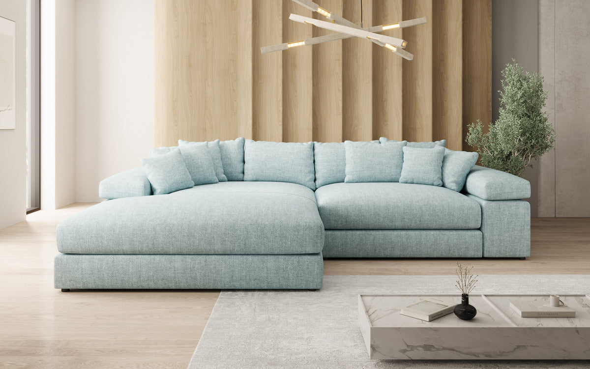 Designer Ecksofa Bernardo mit breiter Ottomane in Leinen-Optik