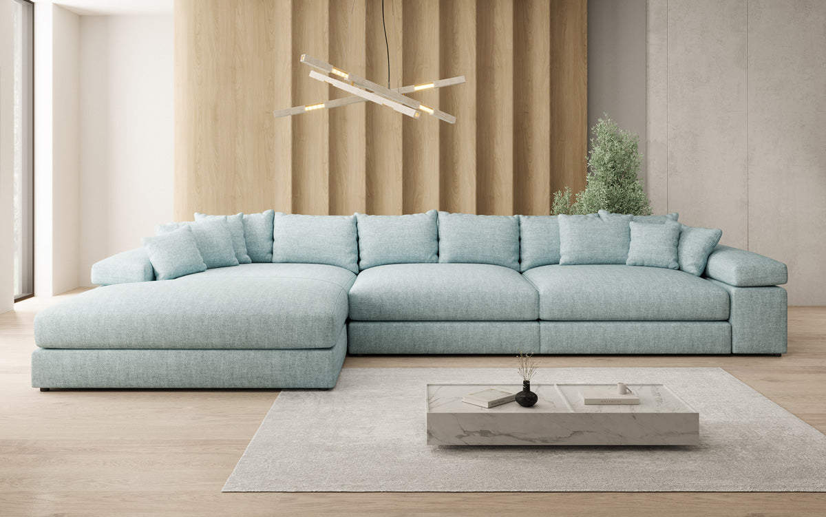 Designer Ecksofa Bernardo Maxi mit breiter Ottomane in Leinen-Optik
