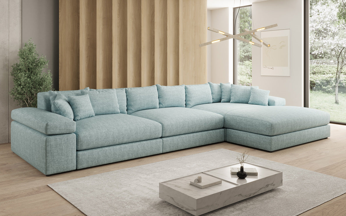 Designer Ecksofa Bernardo Maxi mit breiter Ottomane in Leinen-Optik