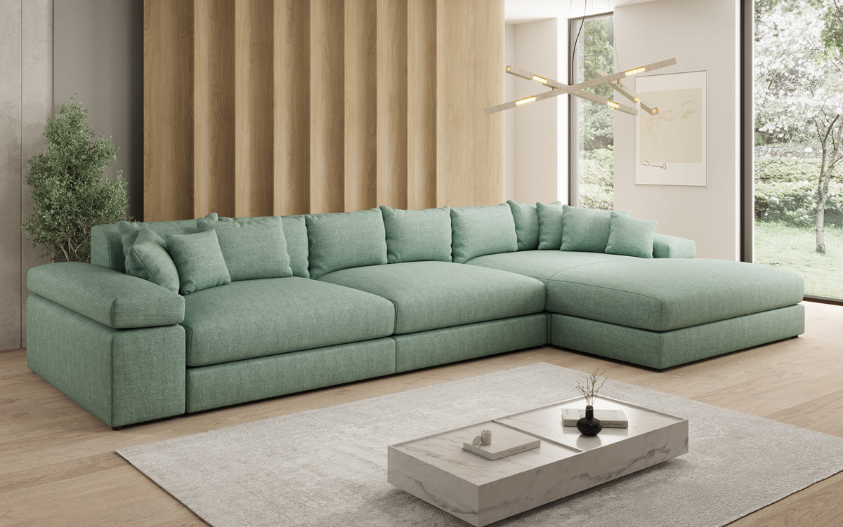 Designer Ecksofa Bernardo Maxi mit breiter Ottomane in Leinen-Optik