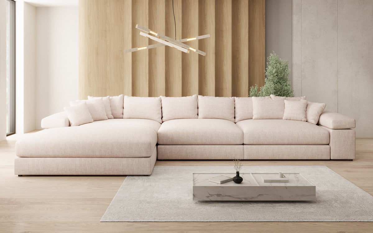 Designer Ecksofa Bernardo Maxi mit breiter Ottomane in Leinen-Optik