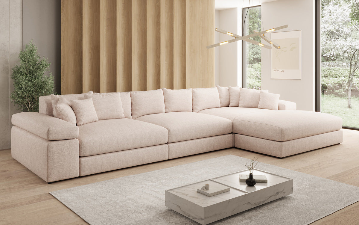 Designer Ecksofa Bernardo Maxi mit breiter Ottomane in Leinen-Optik
