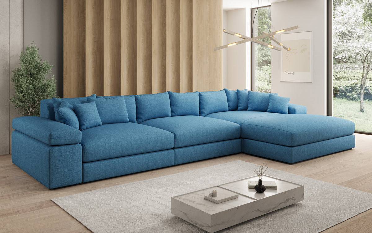 Designer Ecksofa Bernardo Maxi mit breiter Ottomane in Leinen-Optik