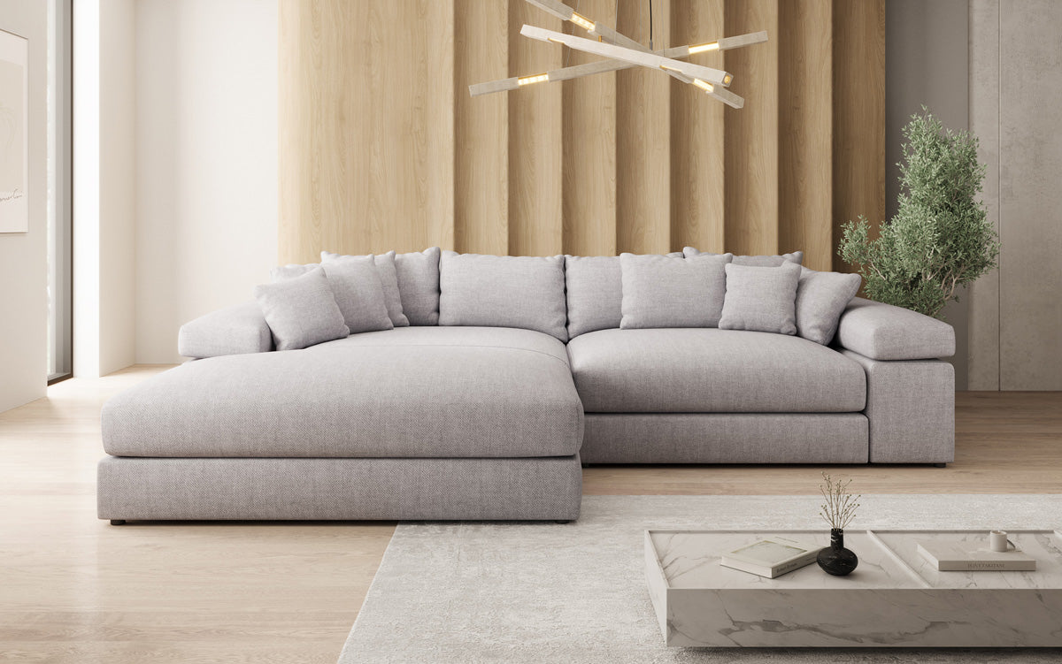 Designer Ecksofa Bernardo mit breiter Ottomane in Leinen-Optik