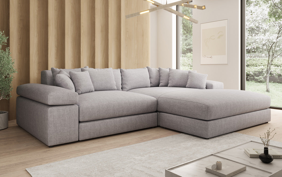 Designer Ecksofa Bernardo mit breiter Ottomane in Leinen-Optik
