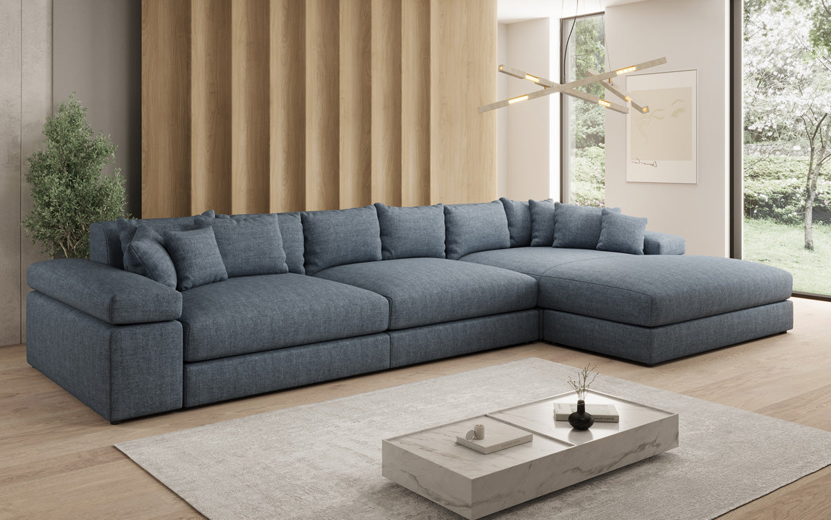 Designer Ecksofa Bernardo Maxi mit breiter Ottomane in Leinen-Optik