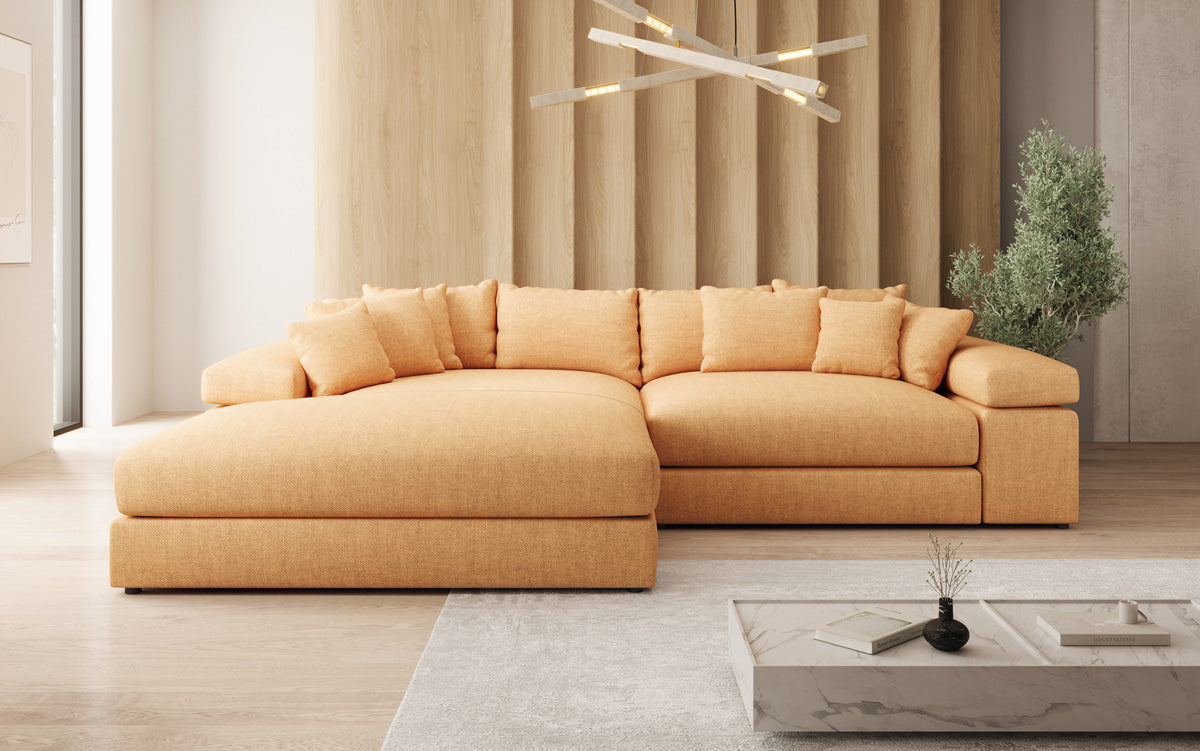 Designer Ecksofa Bernardo mit breiter Ottomane in Leinen-Optik