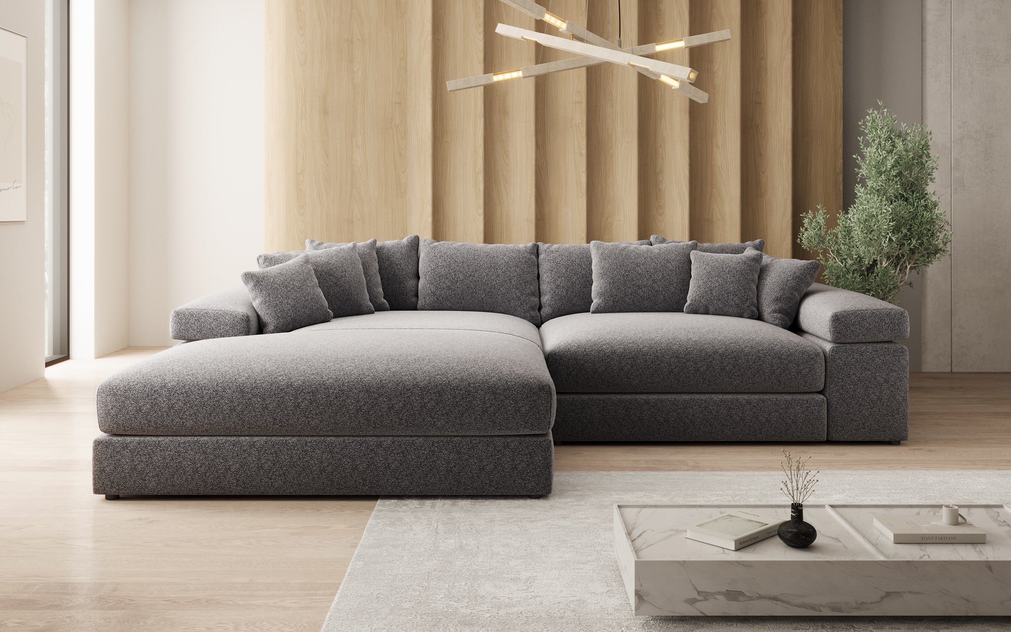 Designer Sofa Bernardo mit breiter Ottomane in Strukturstoff