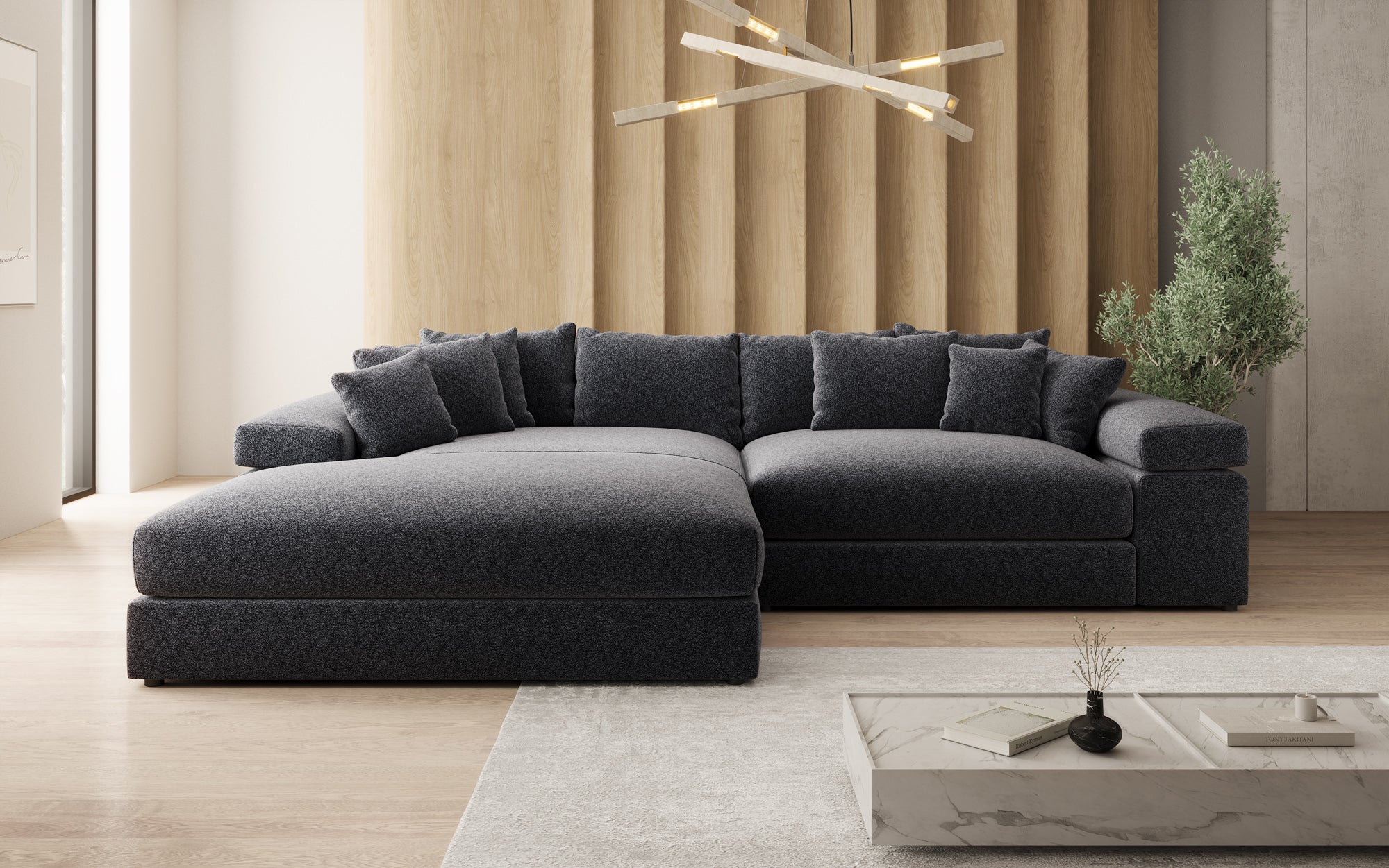 Designer Sofa Bernardo mit breiter Ottomane in Strukturstoff