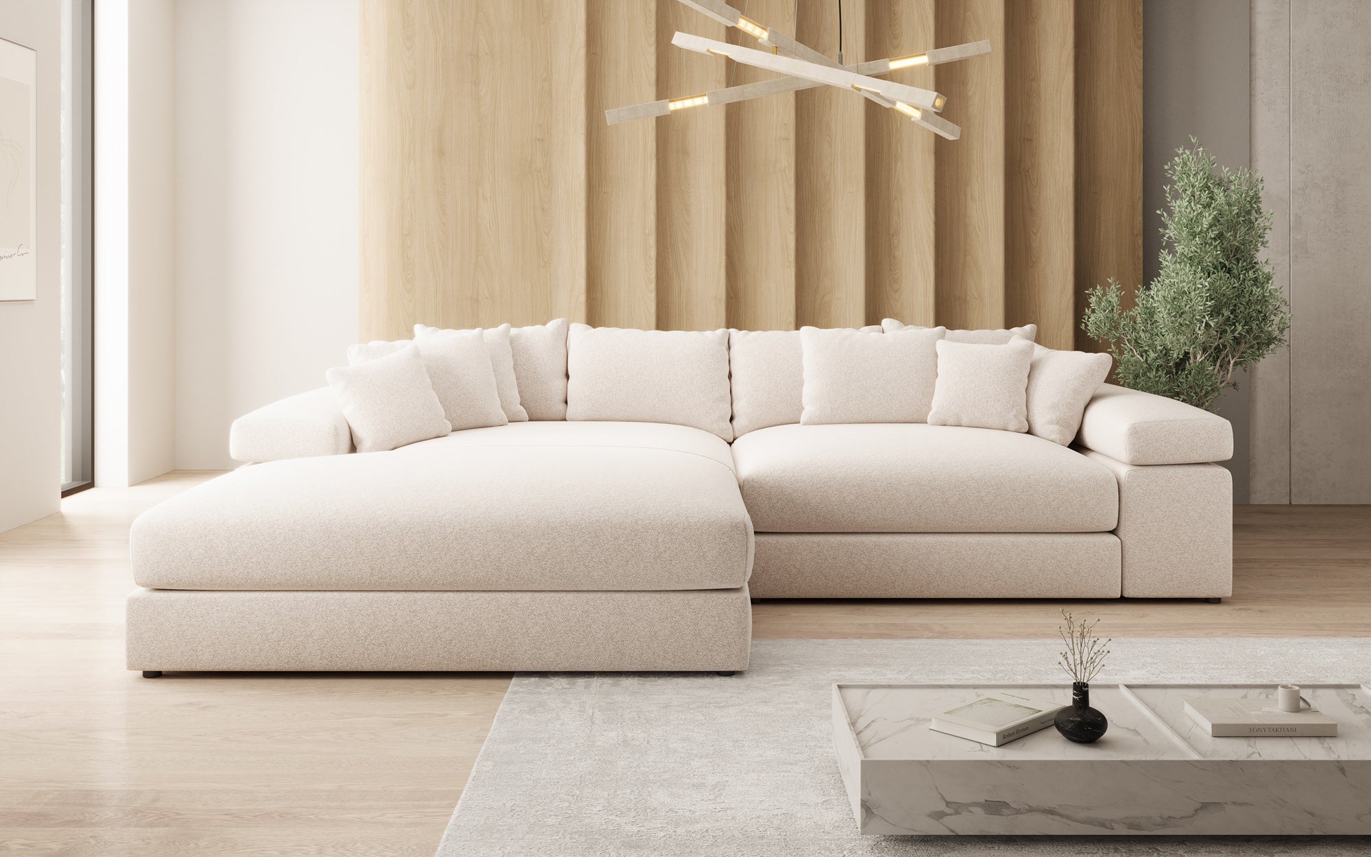 Designer Sofa Bernardo mit breiter Ottomane in Strukturstoff