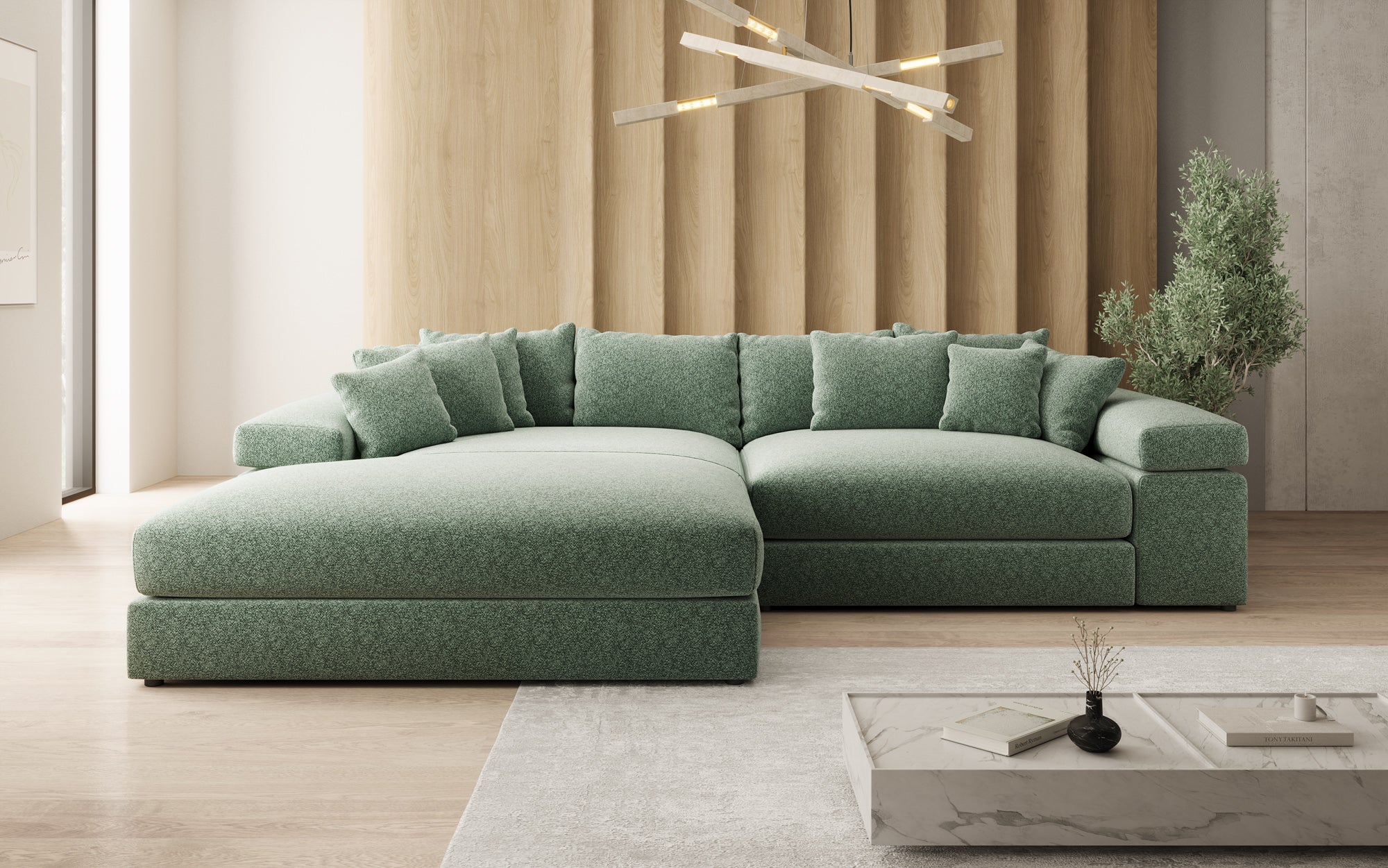 Designer Sofa Bernardo mit breiter Ottomane in Strukturstoff