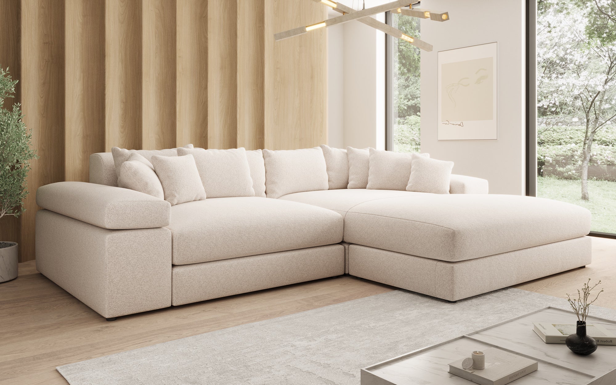 Designer Sofa Bernardo mit breiter Ottomane in Strukturstoff