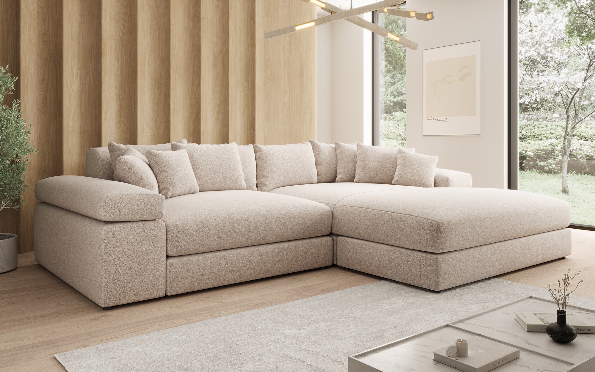 Designer Sofa Bernardo mit breiter Ottomane in Strukturstoff