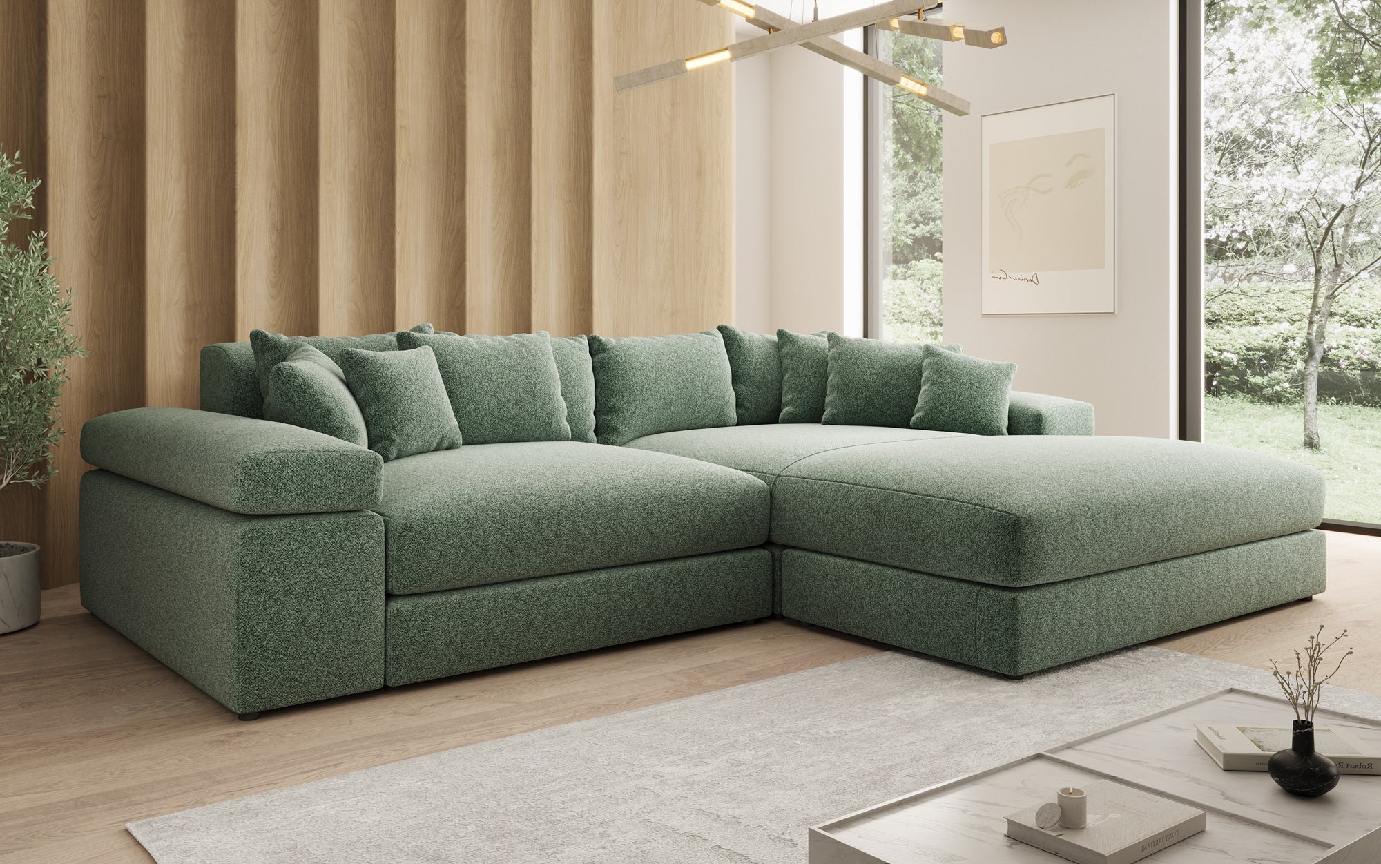 Designer Sofa Bernardo mit breiter Ottomane in Strukturstoff