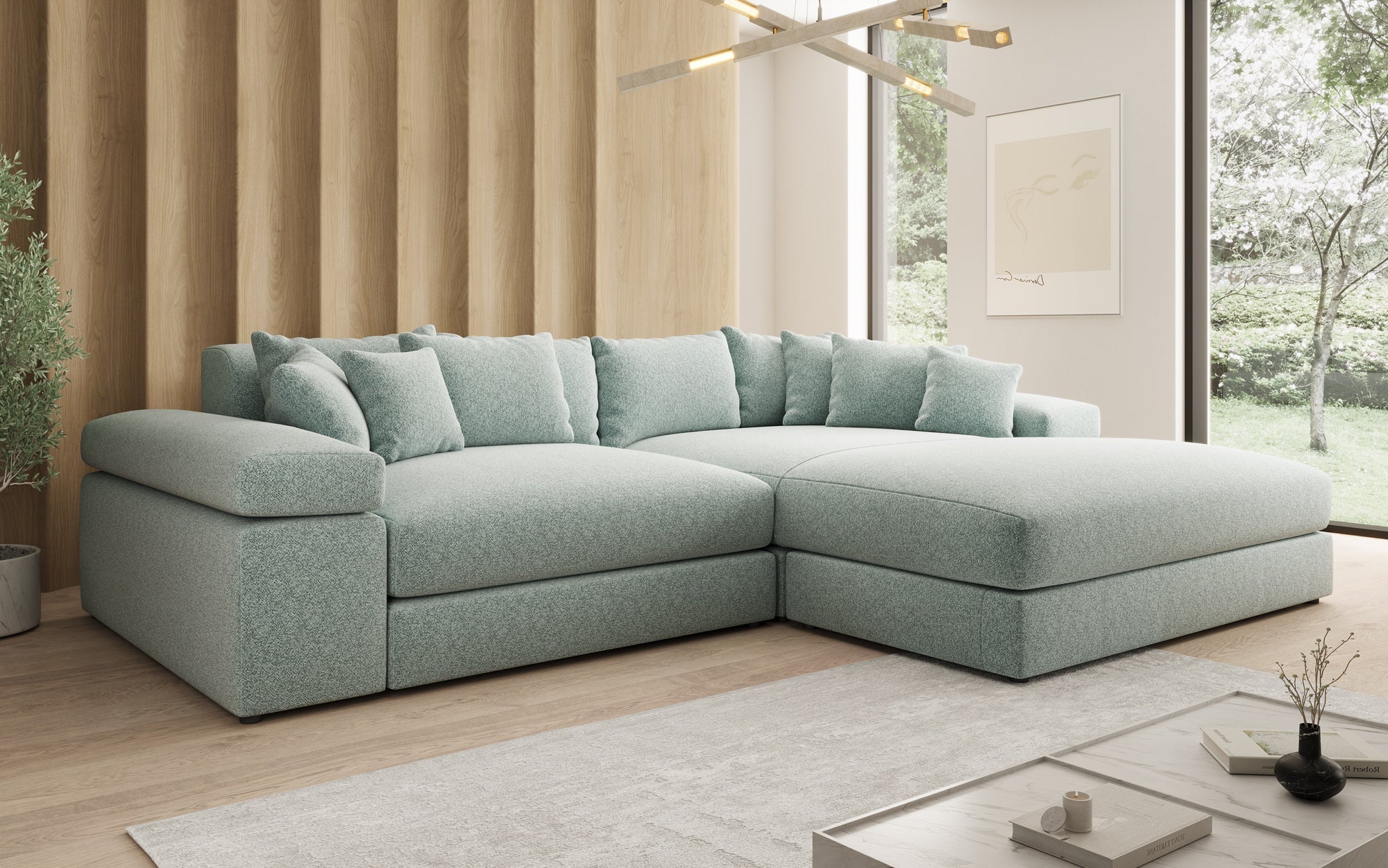Designer Sofa Bernardo mit breiter Ottomane in Strukturstoff