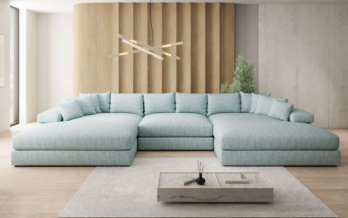 Designer Sofa Bernardo U mit breiter Ottomane in Leinen-Optik