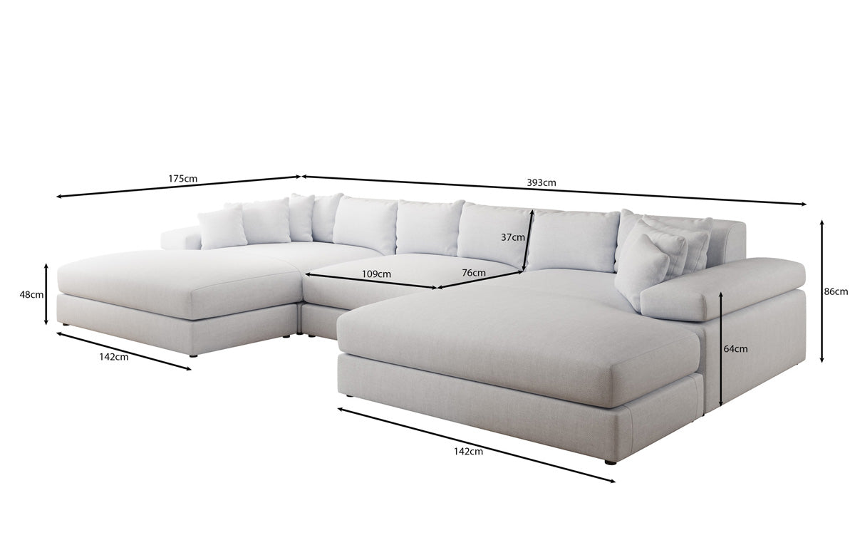 Designer Sofa Bernardo U mit breiter Ottomane in Leinen-Optik