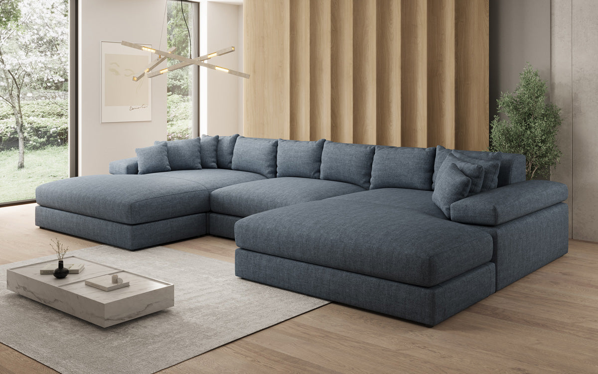 Designer Sofa Bernardo U mit breiter Ottomane in Leinen-Optik