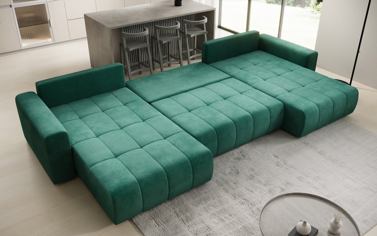 Designer Sofa Leveno U mit Schlaf- und Klappfunktion in Samt