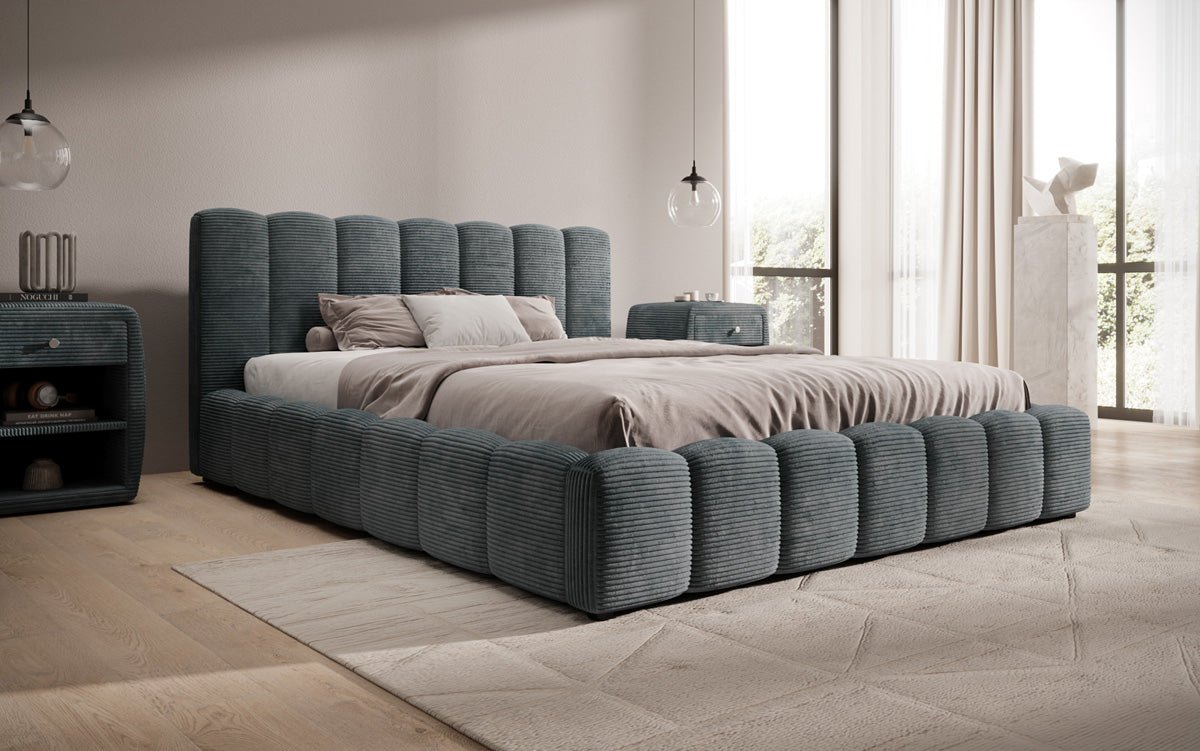 Designer Polsterbett Nuveo in Cord mit Stauraum