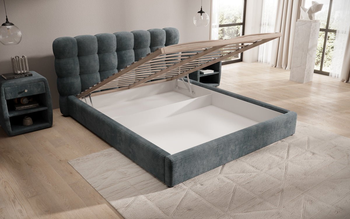 Designer Polsterbett Calivo in Cord mit Stauraum