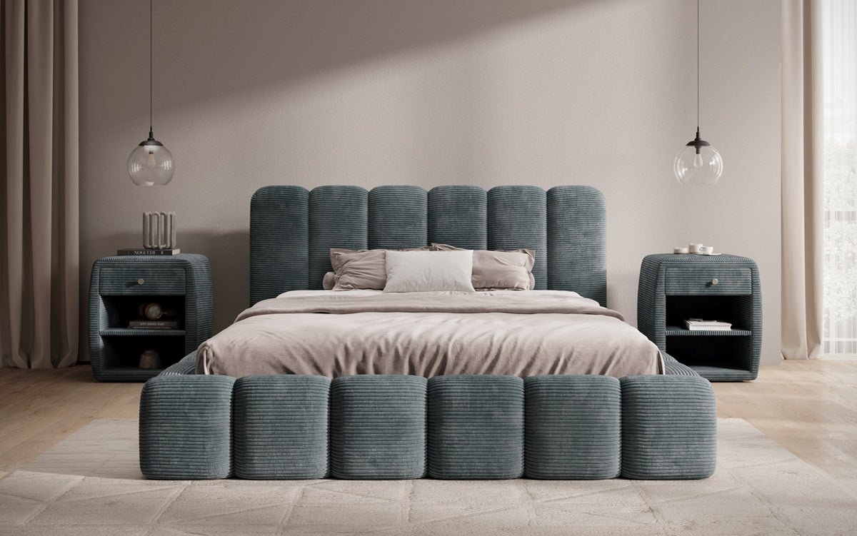 Designer Polsterbett Tevara in Cord mit Stauraum