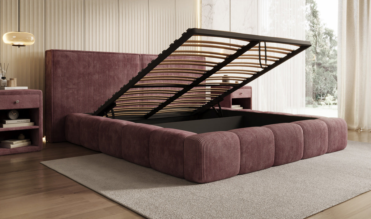 Designer Polsterbett Elise in Cord mit Stauraum