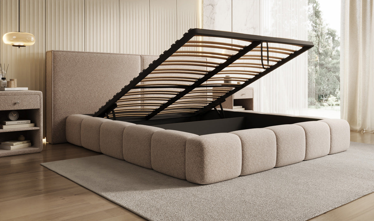 Designer Polsterbett Elise in Strukturstoff mit Stauraum