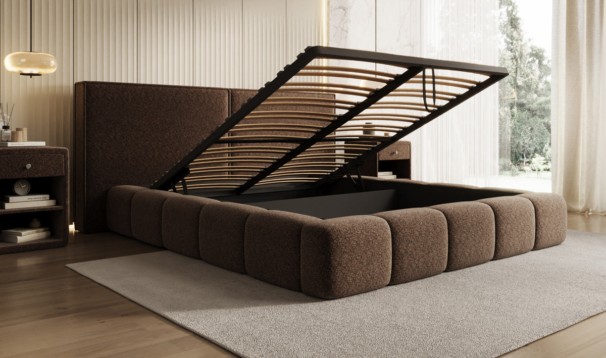 Designer Polsterbett Elise in Strukturstoff mit Stauraum
