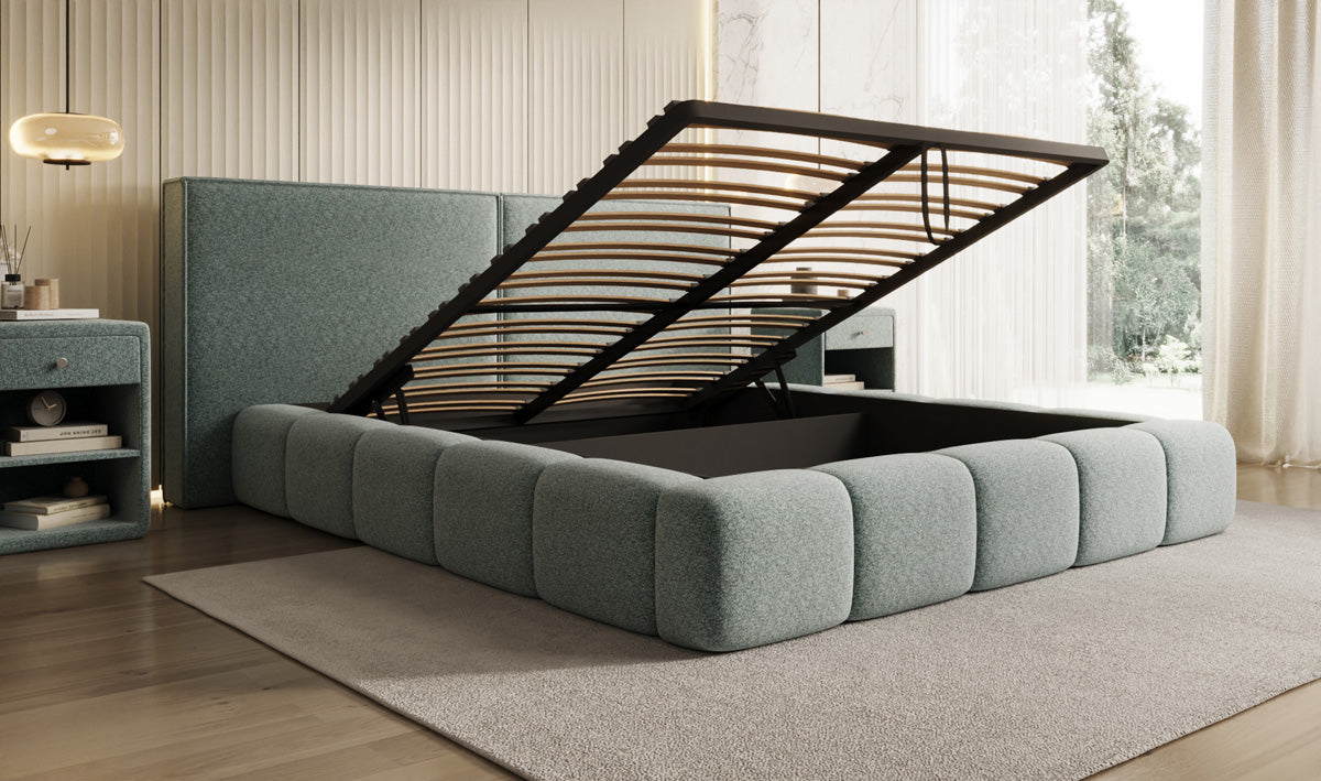Designer Polsterbett Elise in Strukturstoff mit Stauraum