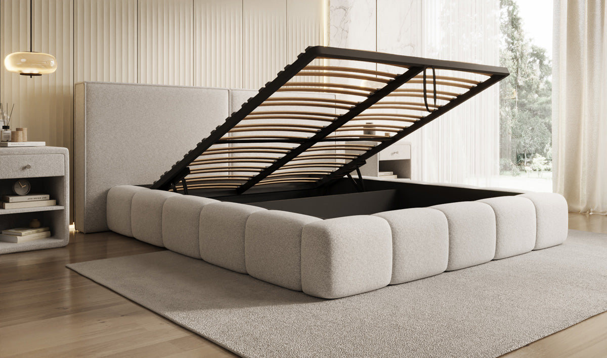 Designer Polsterbett Elise in Strukturstoff mit Stauraum