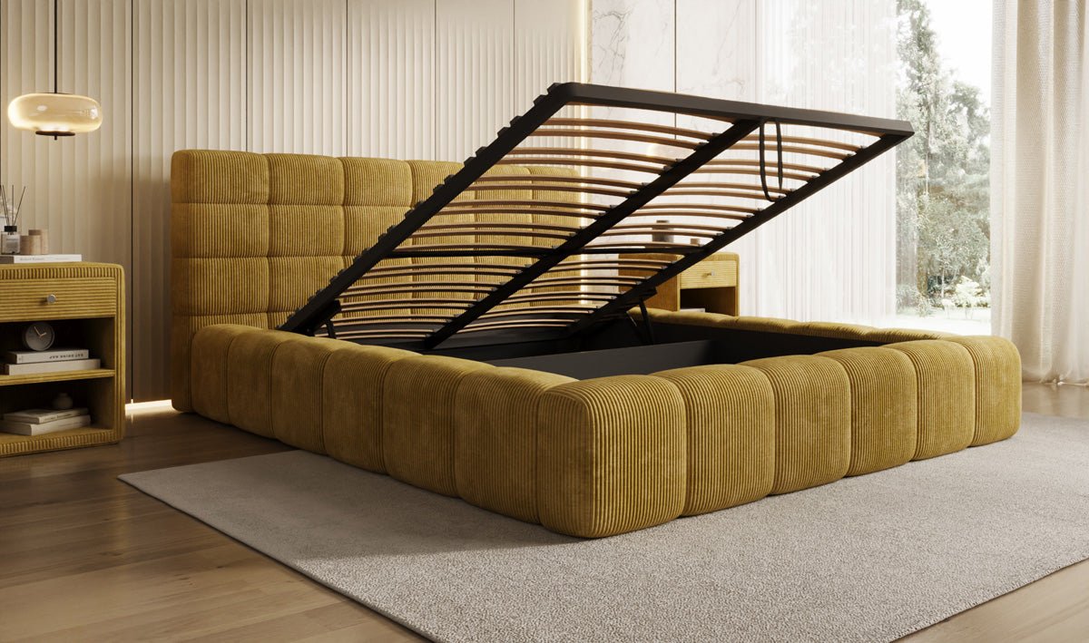Designer Polsterbett Marshmallow in Cord mit Stauraum