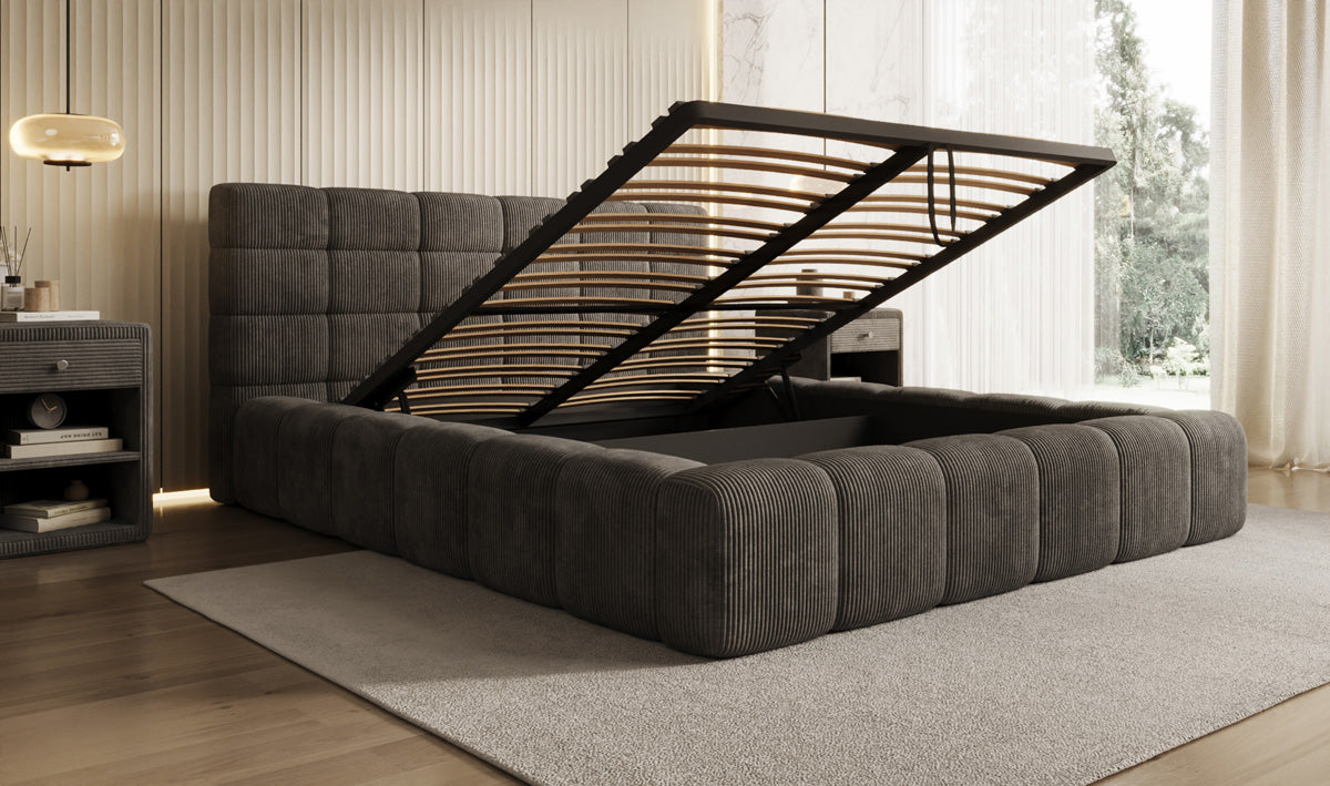 Designer Polsterbett Marshmallow in Cord mit Stauraum